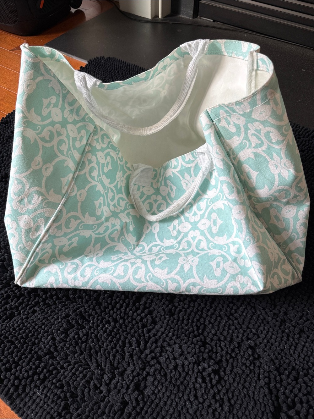 Mud Pie Mint Floral Scroll Canvas Tote with White Handles
